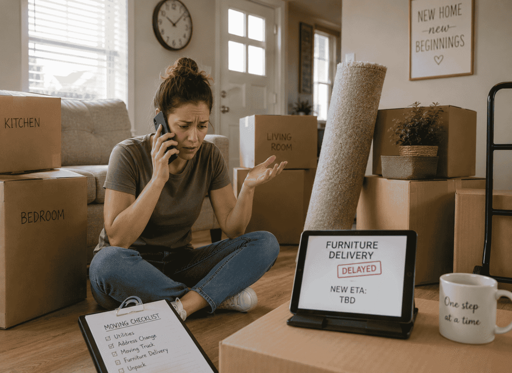 A stressful women is holding a phone for the delayed furniture shipment