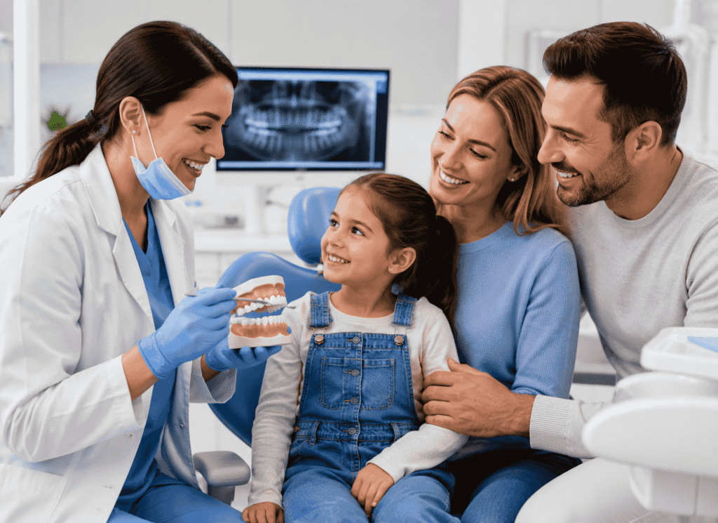 A family is consulting a dental care provider
