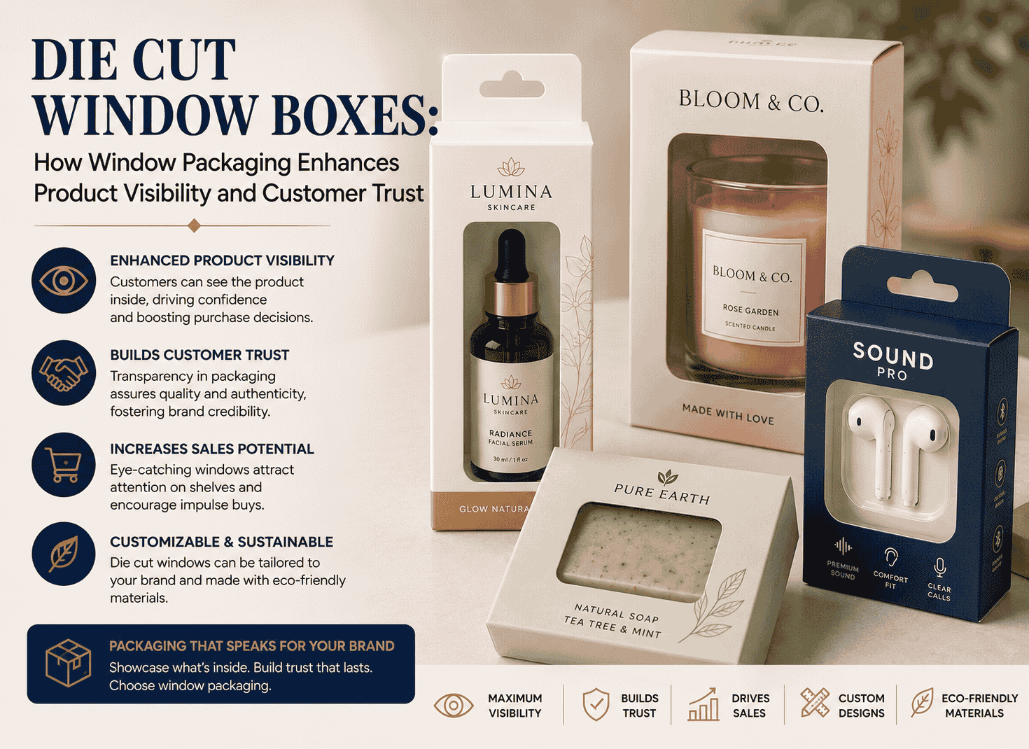 The image contains Die cut window boxes