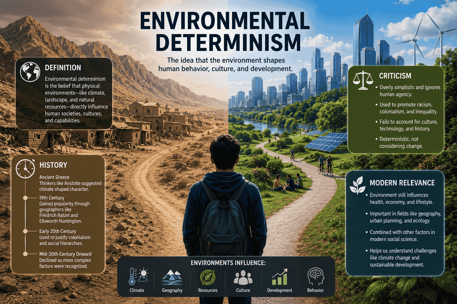The image contains graphics which are explaining environmental determinism