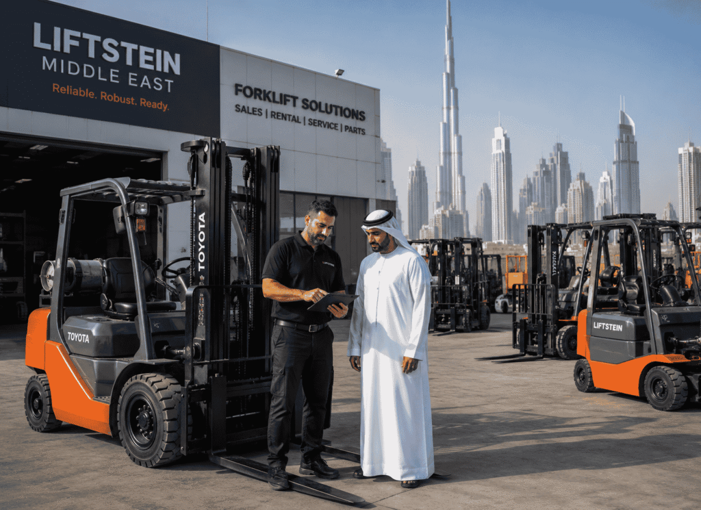 Two men are standing next to a forklift wehicle
