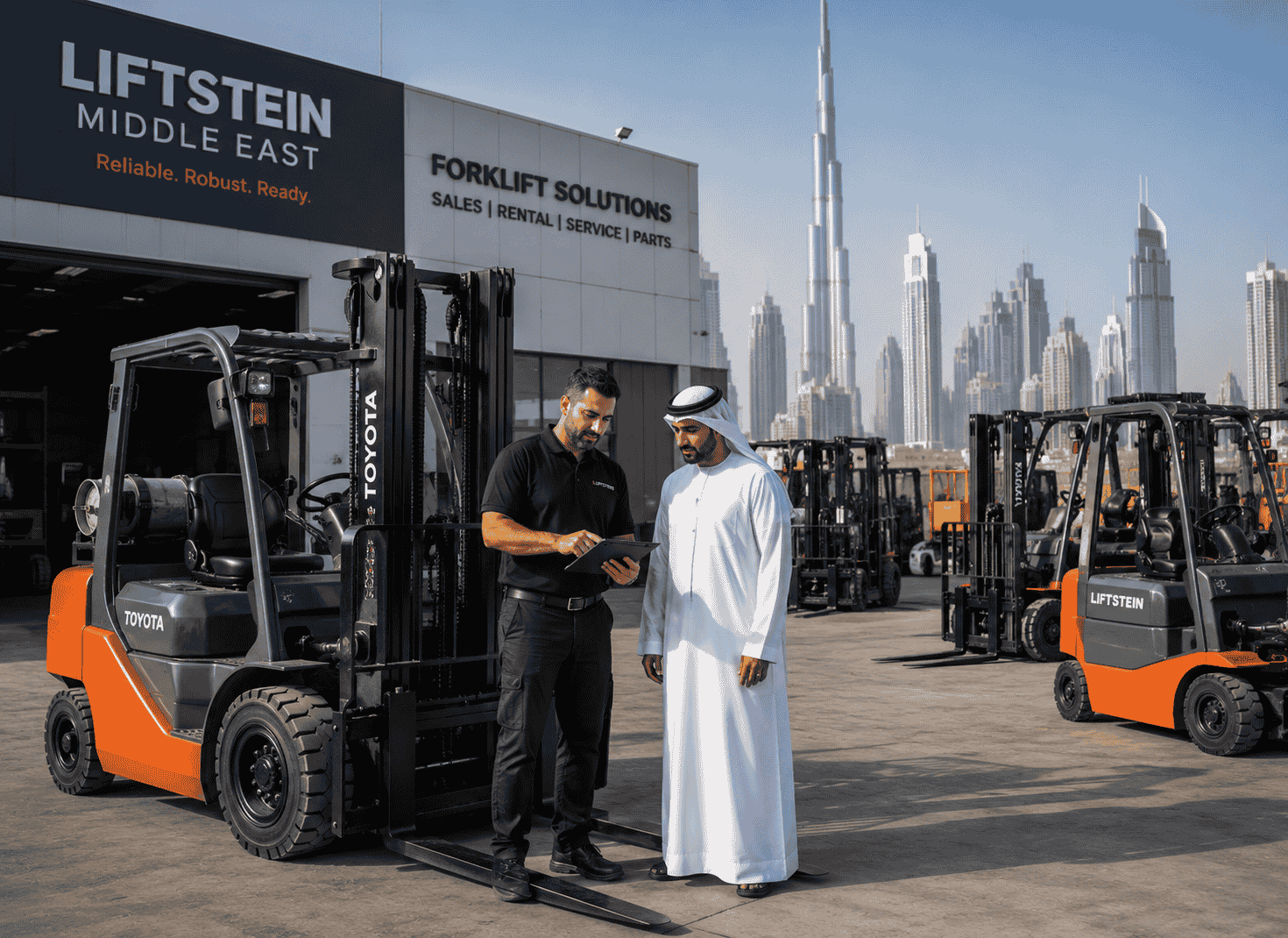 Two men are standing next to a forklift wehicle