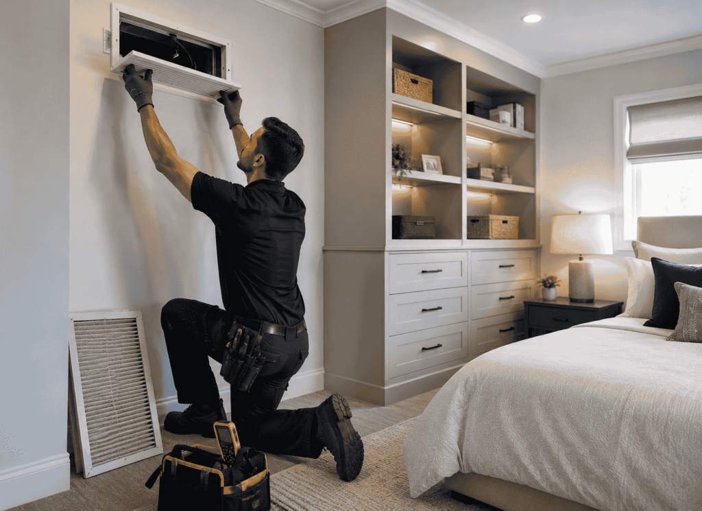 HVAC Contractor is repairing HVAC flow system in a room with New Built-In Storage