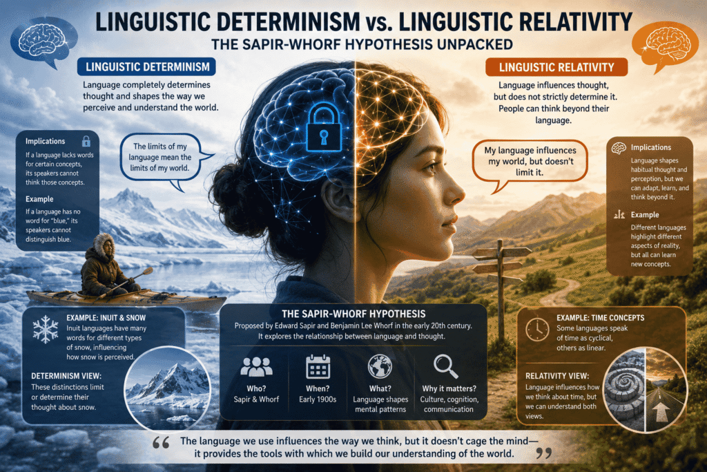The image contains graphics which are explaining linguistic determinism