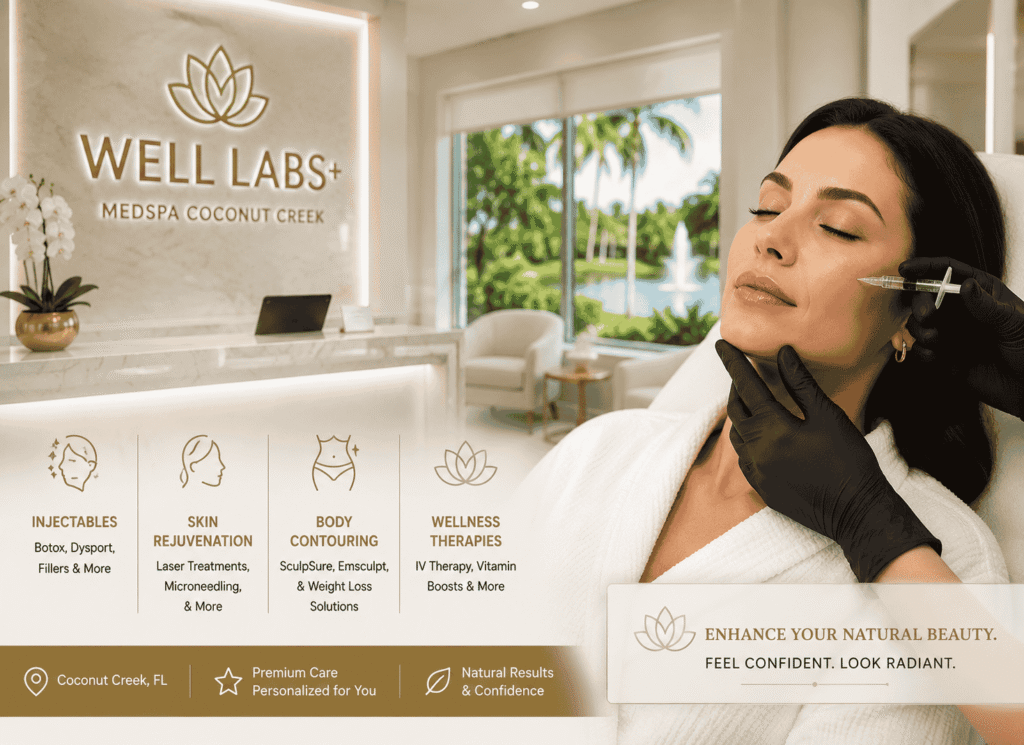 Infographic image has graphics explaining the benefits of Medspa coconut creek Well Labs
