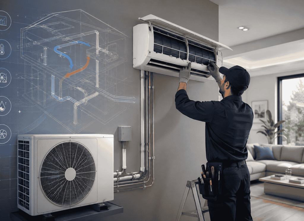 AC technician is installing modern AC for maximum indoor climate control