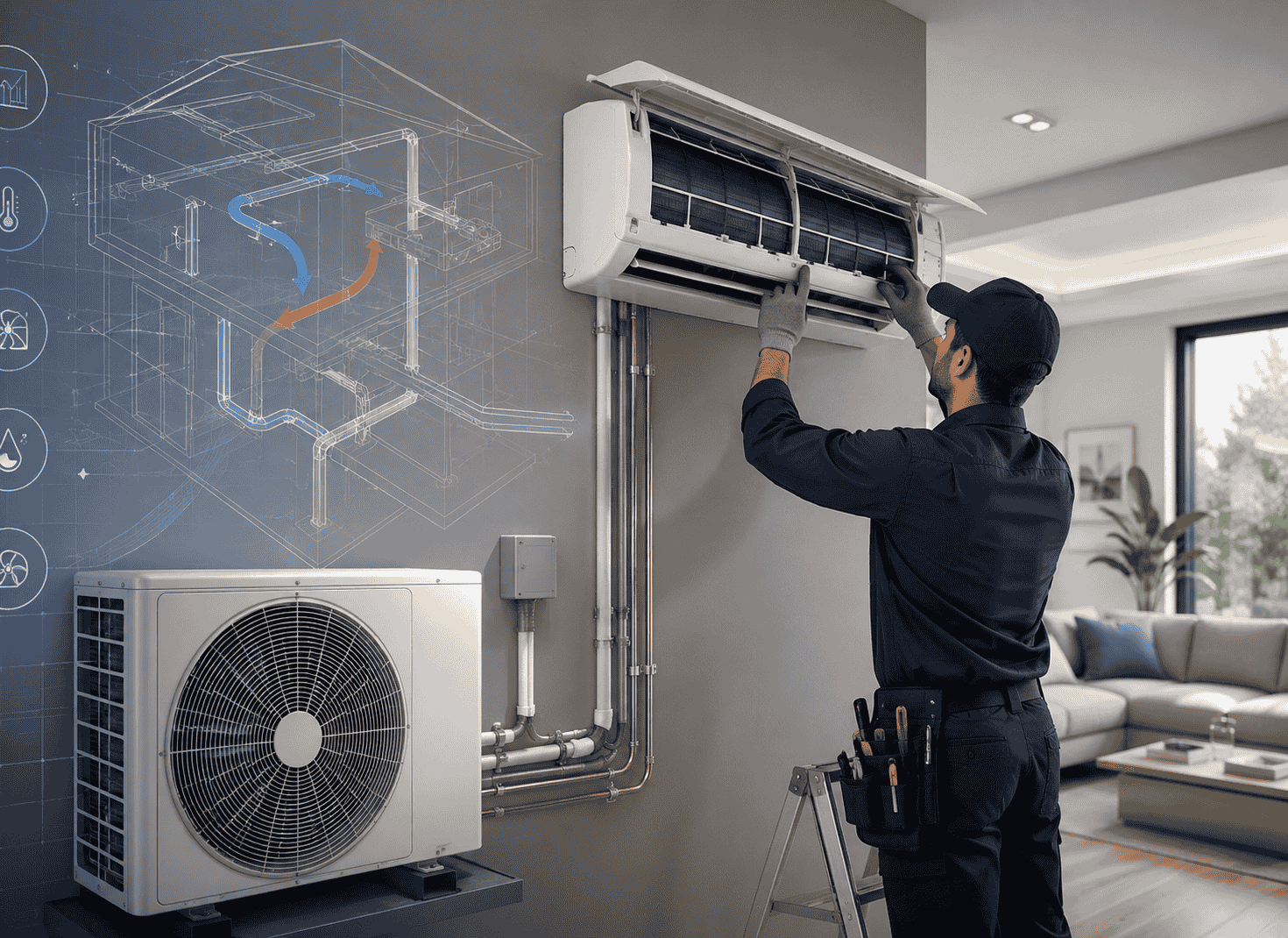 AC technician is installing modern AC for maximum indoor climate control