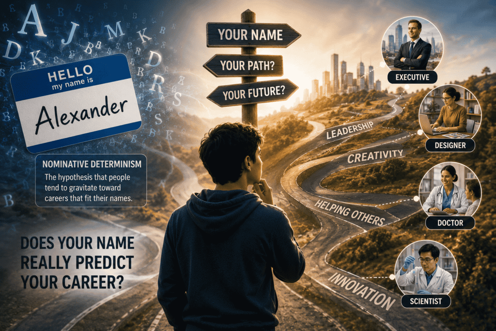 The image contains graphics which are explaining nominative determinism