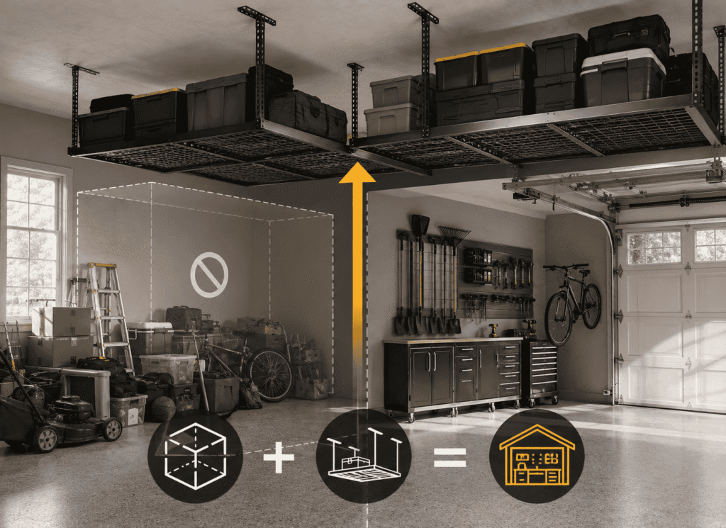 The image contains an overhead garage storage
