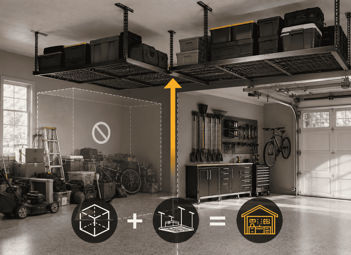 The image contains an overhead garage storage
