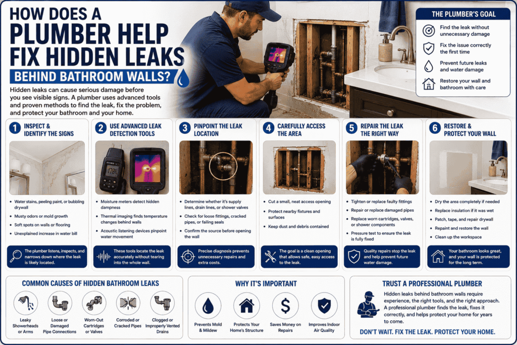 Infographic image has graphics explaining how Does a Plumber Help Fix Hidden Leaks Behind Bathroom Walls?