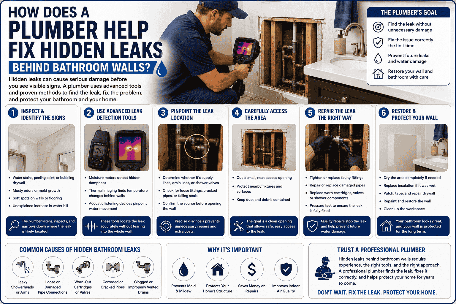 Infographic image has graphics explaining how Does a Plumber Help Fix Hidden Leaks Behind Bathroom Walls?