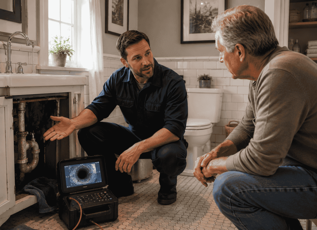 A plumber is discussing hidden pipe wear in a old home