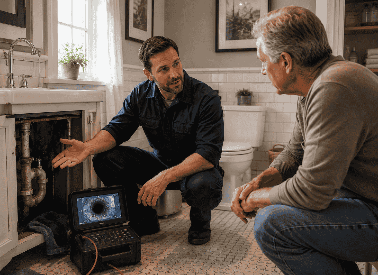 A plumber is discussing hidden pipe wear in a old home
