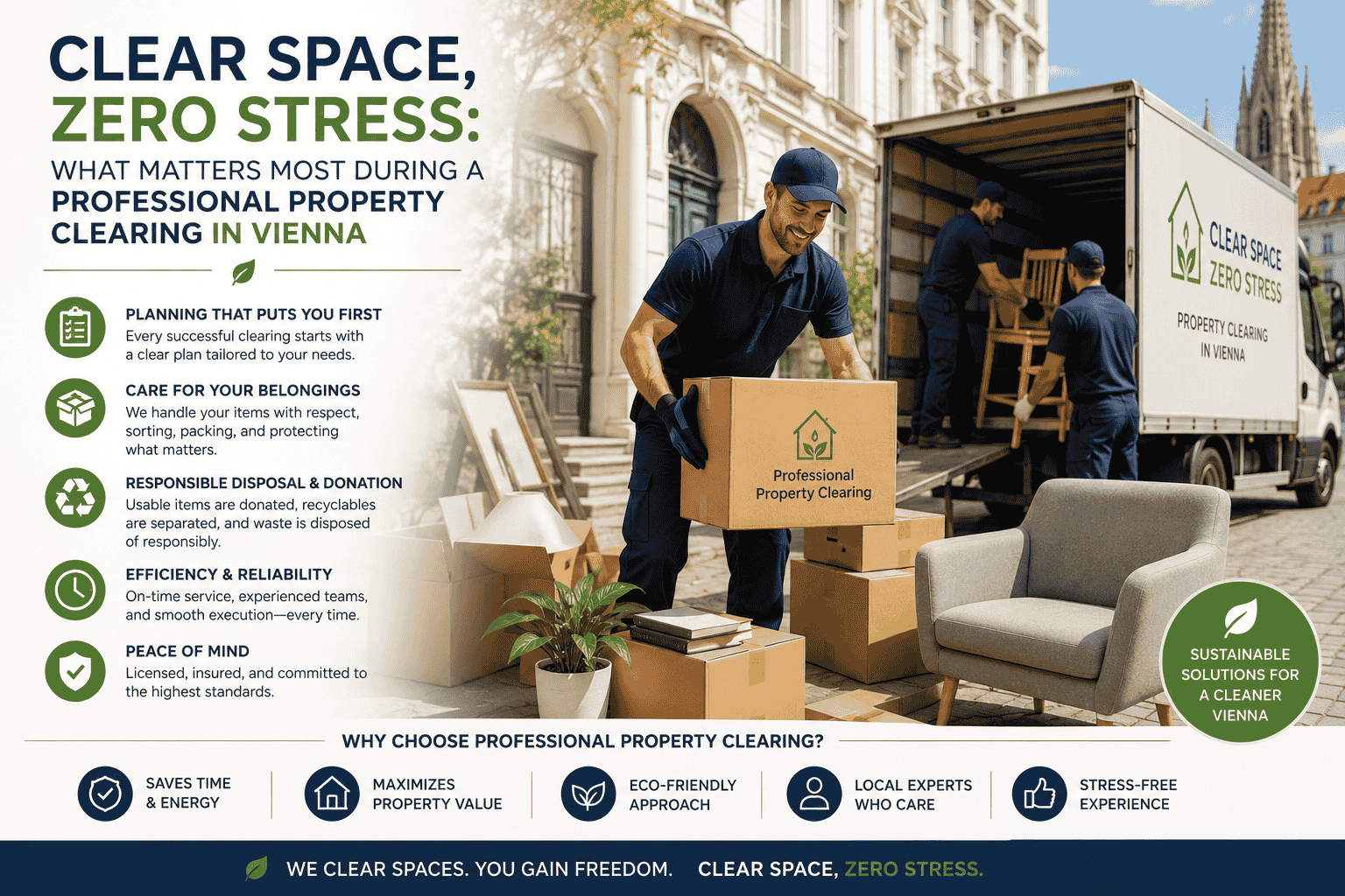 The infographic image contains graphics explaining What Matters Most During a Professional Property Clearing in Vienna