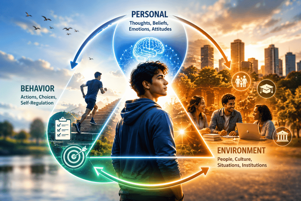 The image has graphics which are explaining reciprocal determinism