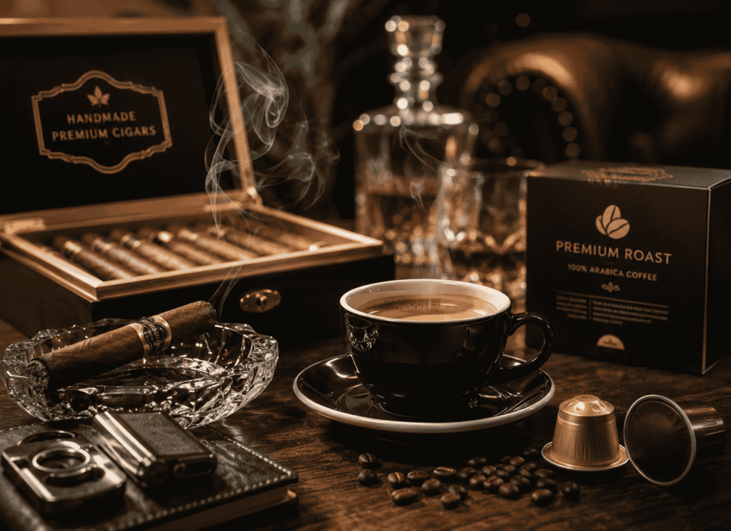 Image contains a box of handmade cigars and roast coffee pods