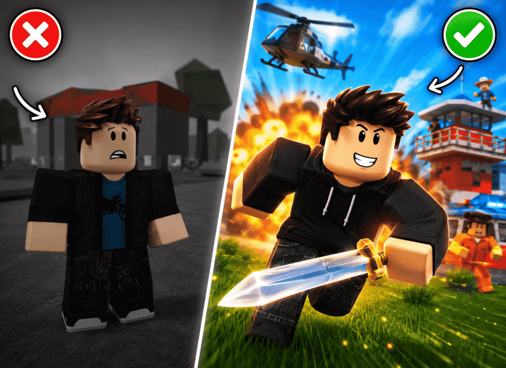 Split image with right and wrong roblox thumbnail examples