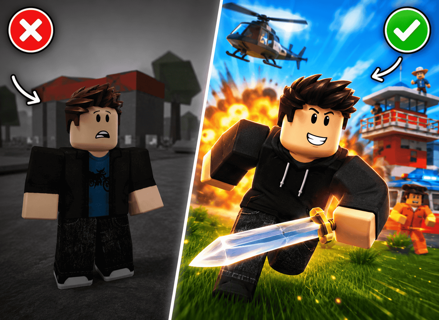 Split image with right and wrong roblox thumbnail examples