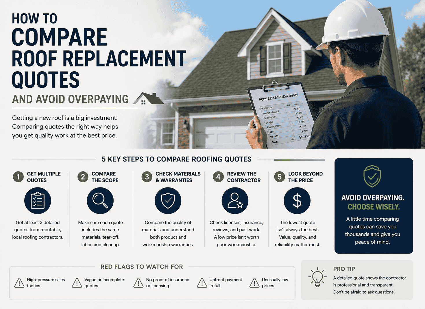 Infographic image contains graphics explaining How to Compare Roof Replacement Quotes and Avoid Overpaying