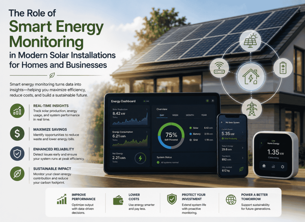The infographic image have graphics explaining the smart energy monitoring in modern solar Installations
