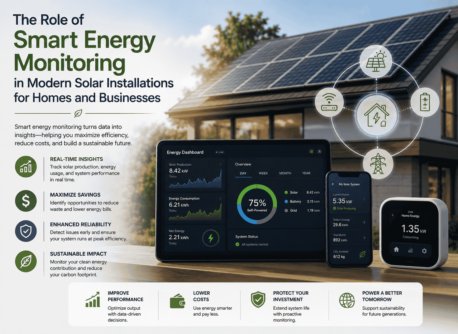 The infographic image have graphics explaining the smart energy monitoring in modern solar Installations