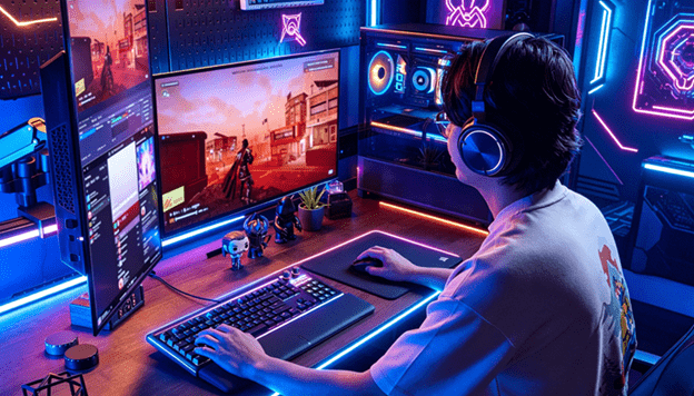 A boy playing game on a high performance gaming setup