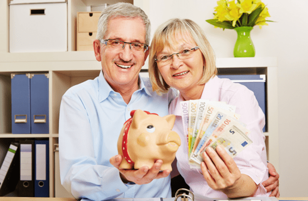 An old man and a lady holding their savings in their hands