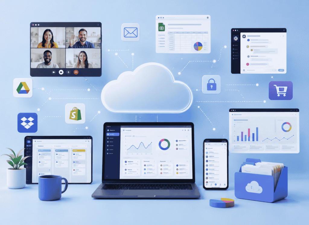 The image contains screens, laptop and other tabs with small bubbles of Saas icons