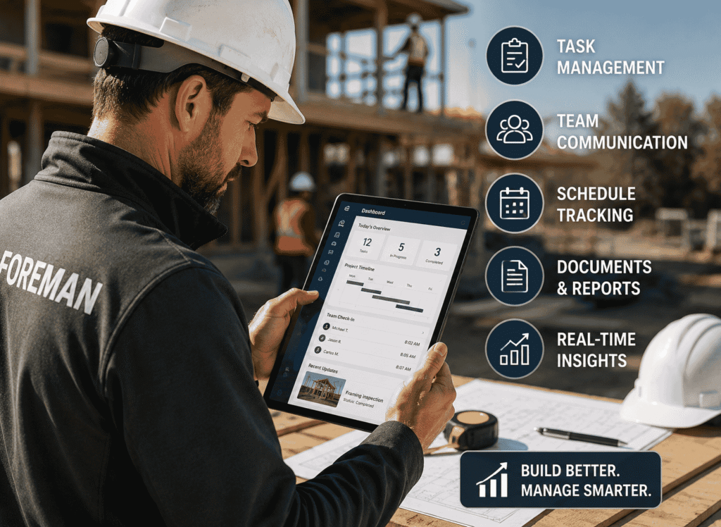 A digital foreman is holding a tablet
