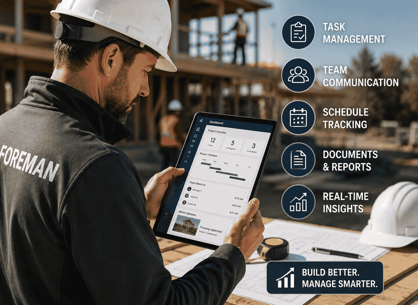 A digital foreman is holding a tablet