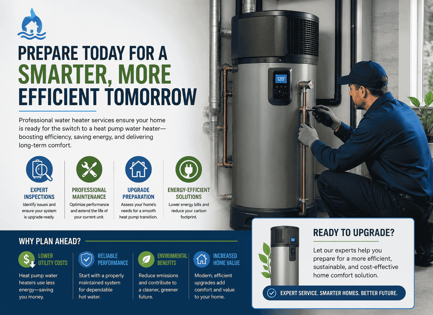 A technician is fixing a heat pump water heater