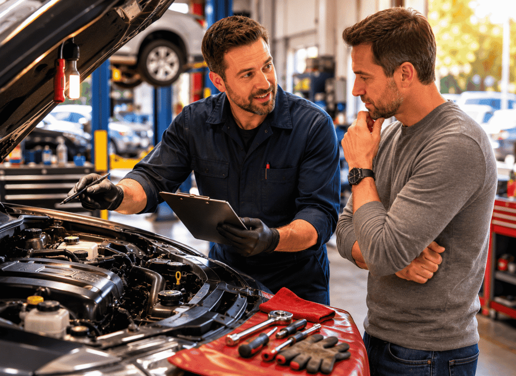 Car mechanic is explaining an issue to the car owner