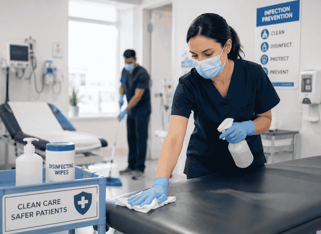 A lady is cleaning a patient bed