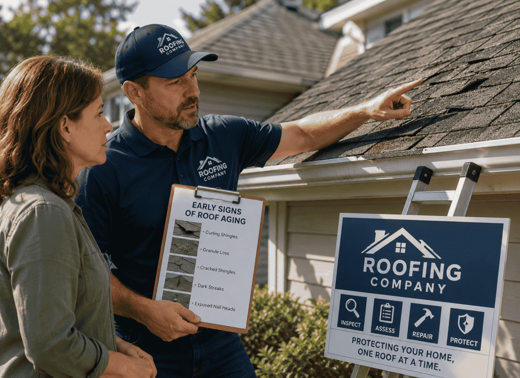A roofing company employee is showing a map to the house owner