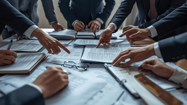 A corporate team is pointing to the record books on a table