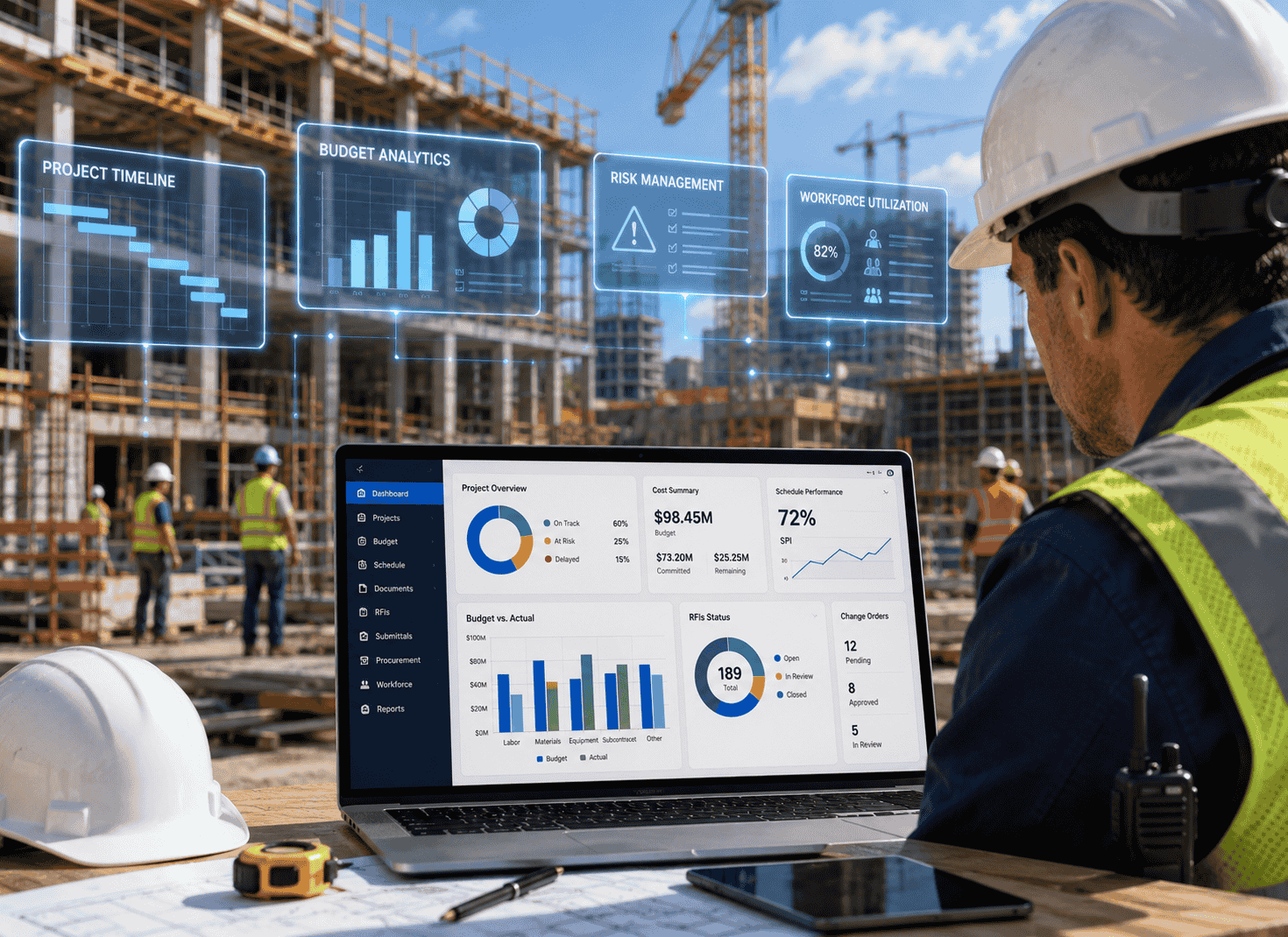 A construction manager is watching a construction management program on a monitor screen