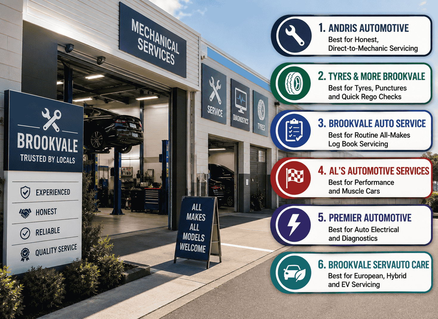 Infographic image is describing 6 best mechanics in Brookvale