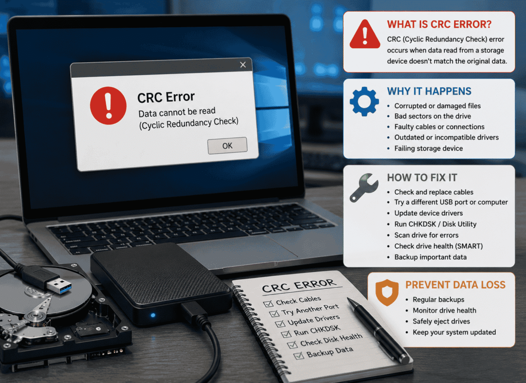 Infographic image is showing CRC error on a laptop screen