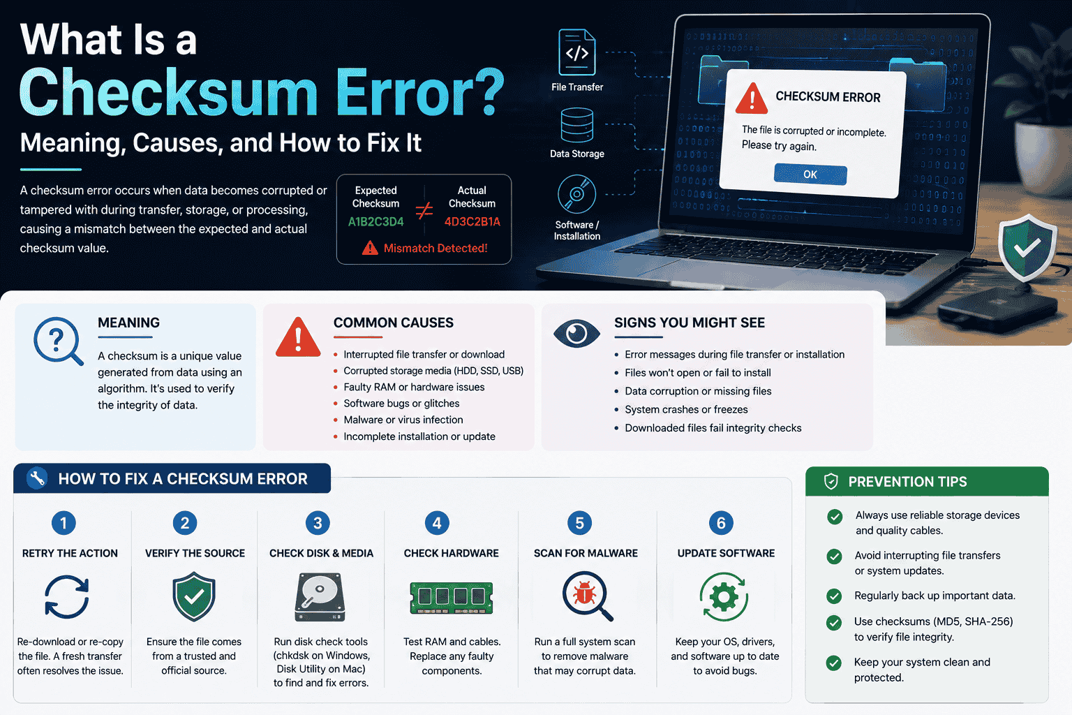 Infographic image contains graphics explaining what is a checksum error and how to fix it