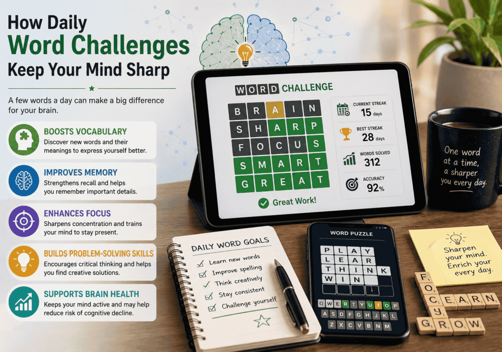 Infographic image is showing graphics about How Daily Word Challenges Keep Your Mind Sharp