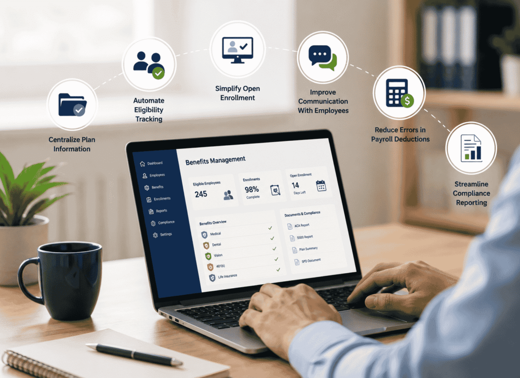 A laptop screen popping with 6 ways to simplify employee benefits management