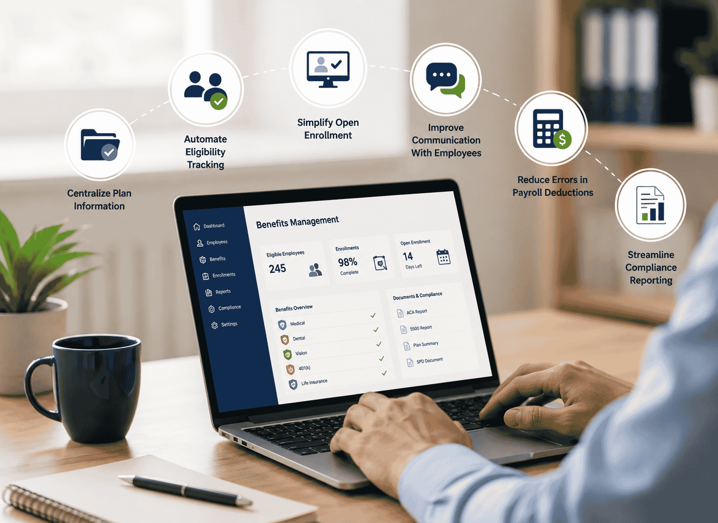 A laptop screen popping with 6 ways to simplify employee benefits management