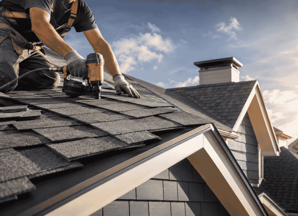 Roofing company worker is working at the roof