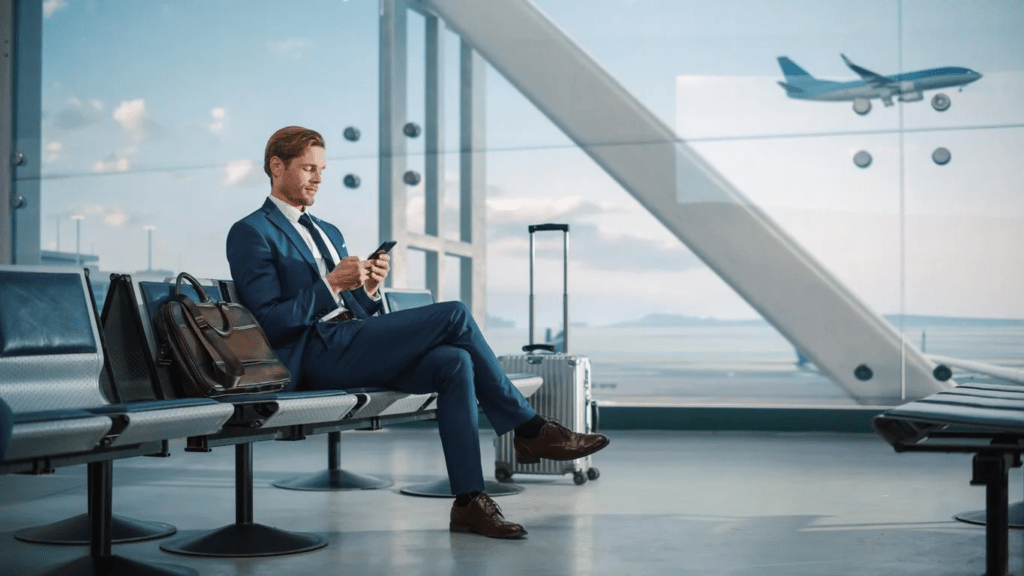 A businessman is standing with his suitcase watching an airplane