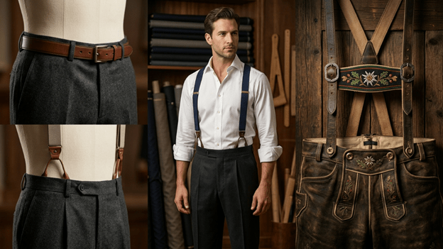 A man and few dummies wearing suspenders