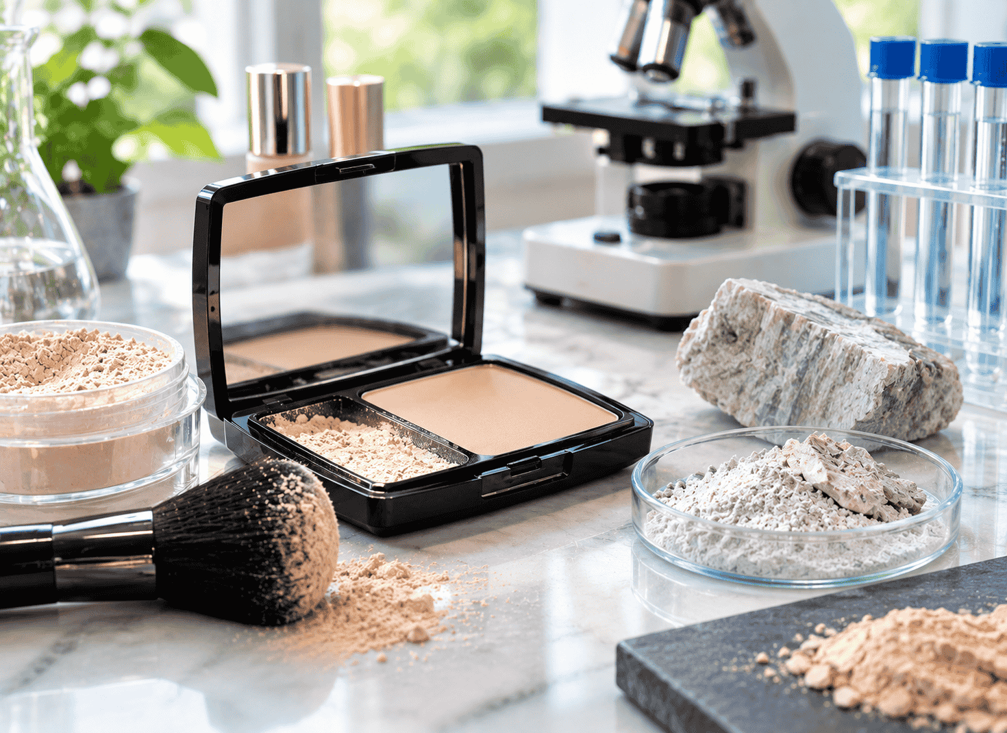 A makeup kit with a microscope in the background.