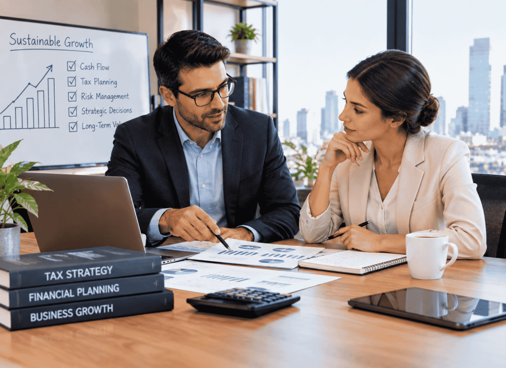 A CPA is discussing business growth with an entrepreneur