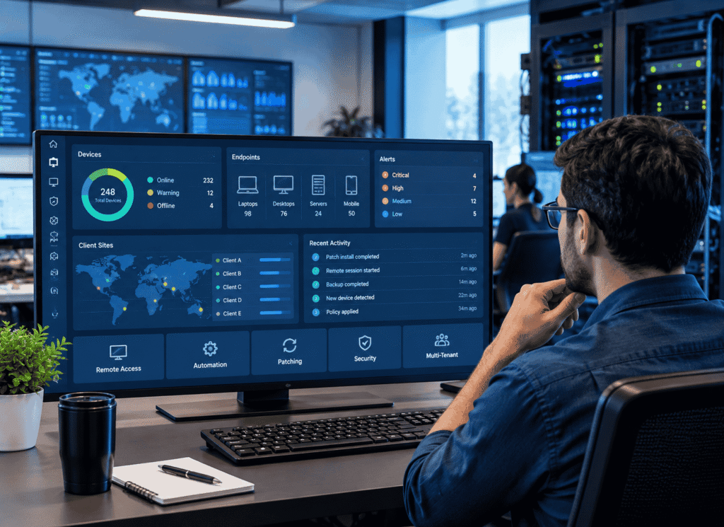 A man is observing RMM software at monitor screen