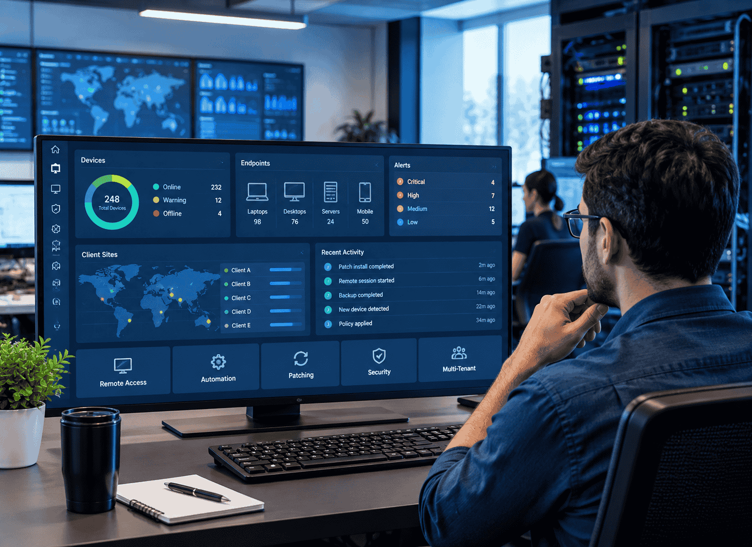 A man is observing RMM software at monitor screen
